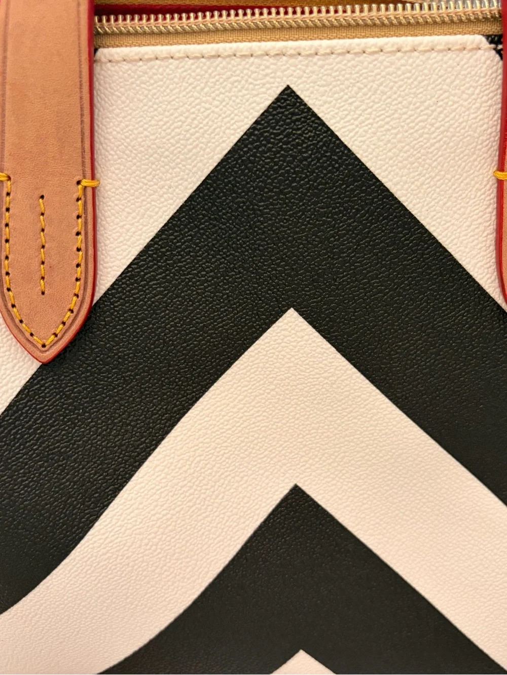 Dooney & Bourke Black and White Chevron Satchel with Red Accented Handles